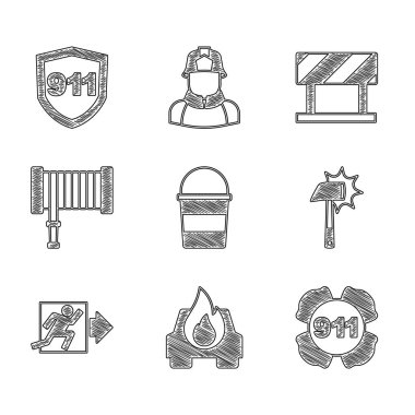 Set Fire bucket, Burning car, Emergency call 911, Firefighter axe, exit, hose reel, Road barrier and icon. Vector