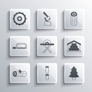Set Chisel tool, Christmas tree, Wooden logs, Electric circular saw, Hacksaw, blade and icon. Vector