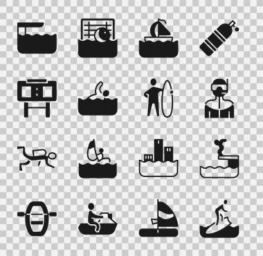 Set Surfboard, Swimmer diving into pool, Wetsuit for scuba, Yacht sailboat, Sport mechanical scoreboard, Diving springboard and icon. Vector