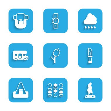 Set Marshmallow on stick, Grilled shish kebab skewer, Campfire, Knife, Tourist tent, RV motorhome vehicle, Cloud with rain and Hiking backpack icon. Vector