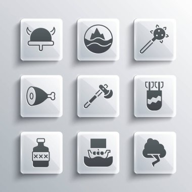 Set Viking ship Drakkar, Cloud and lightning, Quiver with arrows, Wooden axe, Whiskey bottle, Chicken leg, horned helmet and Mace spikes icon. Vector