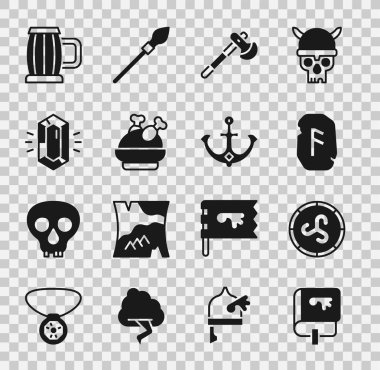 Set Viking book, Shield viking, Magic rune, Wooden axe, Roasted turkey or chicken, Gem stone, beer mug and Anchor icon. Vector
