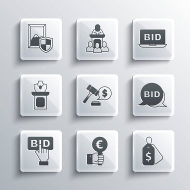 Set Hand holding auction paddle, Price tag with Sale, Bid, Auction hammer price, jewelry sale, painting and Online icon. Vector