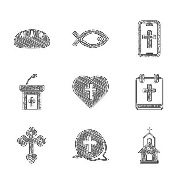 Set Christian cross in heart, Church building, Calendar with Easter, sermon tribune, phone and bread icon. Vector