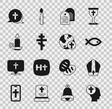 Set Priest, Pope hat, Christian fish symbol, Holy bible book, cross, Burning candle in candlestick, and with globe icon. Vector