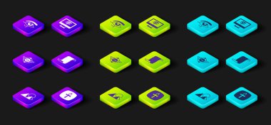 Set Egypt pyramids, Cross ankh, Egyptian symbol Winged sun, Papyrus scroll, Eye of Horus on monitor and icon. Vector