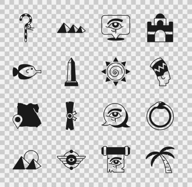 Set Tropical palm tree, Magic symbol of Ouroboros, Nefertiti, Eye Horus, Obelisk Alexandria, Butterfly fish, Crook and Sun icon. Vector