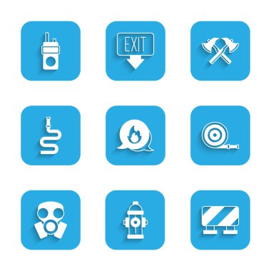 Set Emergency call, Fire hydrant, Road barrier, hose reel, Gas mask, Firefighter axe and Walkie talkie icon. Vector