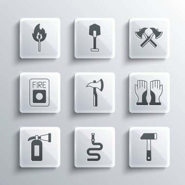 Set Fire hose reel, Hammer, Firefighter gloves, axe, extinguisher, alarm system, Burning match with fire and icon. Vector