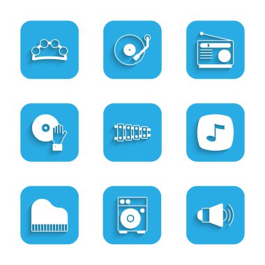 Set Xylophone, Guitar amplifier, Megaphone, Music note, tone, Grand piano, DJ playing music, Radio and Tambourine icon. Vector