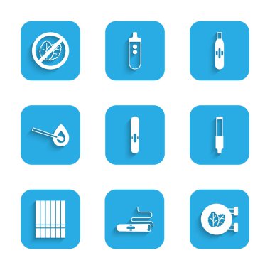 Set Cigar, Tobacco leaf shop, Cigarette, Burning match with fire, Electronic cigarette and No tobacco icon. Vector