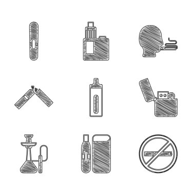 Set Electronic cigarette, No smoking, Lighter, Hookah, Broken, Man and Cigar icon. Vector