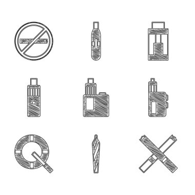 Set Vape mod device, Marijuana joint, spliff, Cigarette, Ashtray with cigarette, and No smoking icon. Vector