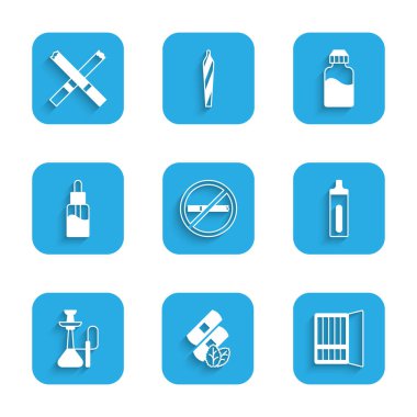 Set No smoking, Medical nicotine patches, Cigarette case, Electronic cigarette, Hookah, Vape liquid bottle, and icon. Vector