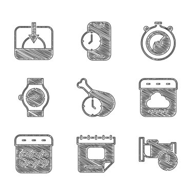 Set Food time, Calendar, Time to sleep, autumn, Payday, calendar with dollar, Wrist watch, Stopwatch and Sunset icon. Vector