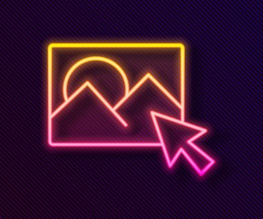 Parlayan neon hattı Fotoğraf rötuşlama simgesi siyah arkaplanda izole edildi. Fotoğrafçı, fotoğrafçılık, rötuş ikonu. Vektör