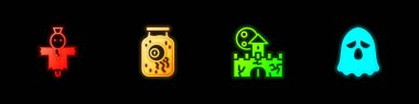 Set Scarecrow, Eye in jar, Castle, fortress and Ghost icon. Vector