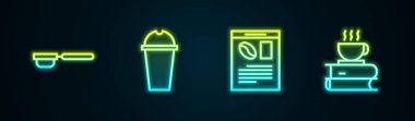 Set line Coffee filter holder, Milkshake, Newspaper and coffee and cup book. Glowing neon icon. Vector