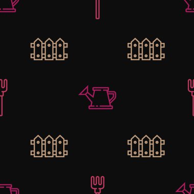 Set line Garden rake, fence wooden and Watering can on seamless pattern. Vector