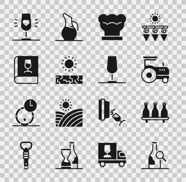 Set Bottle of wine, Tractor, Chef hat, Drought, Book about, Wine glass and icon. Vector — 图库矢量图片