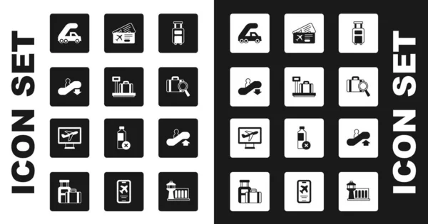 Set Suitcase, Scale with suitcase, Escalator down, Passenger ladder for plane boarding, Lost baggage, Airline ticket, up and Plane icon. Vector — стоковий вектор