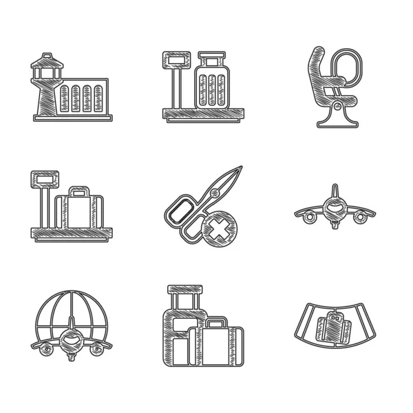 Set No scissors, Suitcase, Conveyor belt with suitcase, Plane, Globe flying plane, Scale, Airplane seat and Airport control tower icon. Vector — Stockvektor