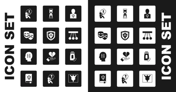 Set Psychology, Psi, Comedy and tragedy masks, Man graves funeral sorrow, Pendulum, Old hourglass, Sedative pills and Solution to the problem icon. Vector — Vetor de Stock