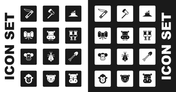 Set Tree stump, Hippo or Hippopotamus, Elephant, Swiss army knife, Binoculars, Wooden axe, Shovel and Monkey icon. Vector — Stock Vector
