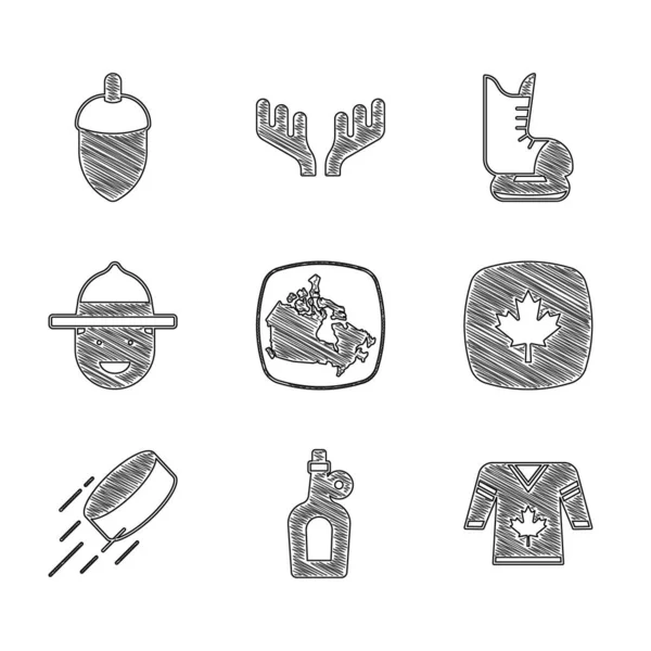 Set Canada map, Bottle of maple syrup, Hockey jersey, Canadian leaf, puck, ranger hat, Skates and Acorn icon. Vector — Stockvektor