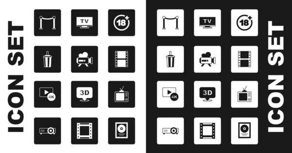 Set Plus 18 película, cámara de cine retro, vaso de papel con agua, barrera de cuerda, Reproducir vídeo, Smart TV, TV y pantalla 4k icono. Vector — Vector de stock