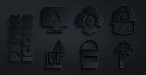 Set Fire bucket, Firefighter helmet, in burning building, axe, and Location with fire flame icon. Vector — стоковый вектор
