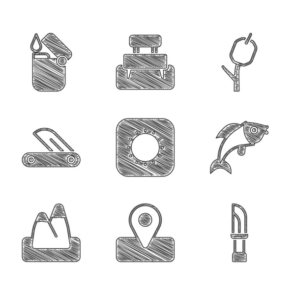 Set Sun, Location for camping, Knife, Fish, Mountains, Swiss army knife, Marshmallow stick and Lighter icon. Vector — 스톡 벡터