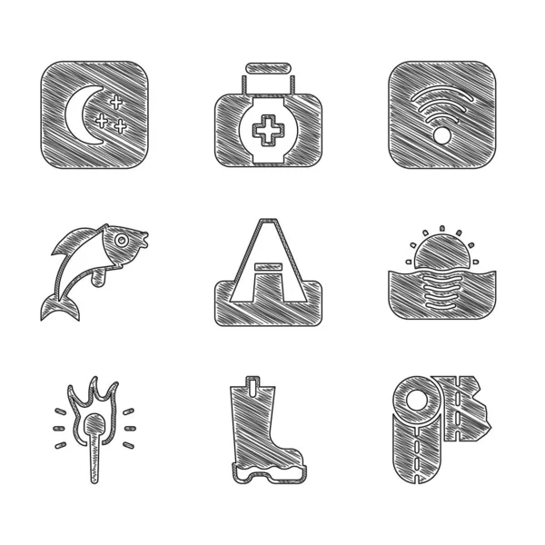 Set Tourist tent, Waterproof rubber boot, Paper towel roll, Sunrise, Torch flame, Fish, Wi-Fi wireless internet and Moon and stars icon. Vector — Stock vektor