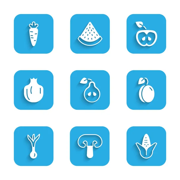 Set Pear, Mushroom, Corn, Plum fruit, Onion, Pomegranate, Apple and Carrot icon. Vector — 图库矢量图片