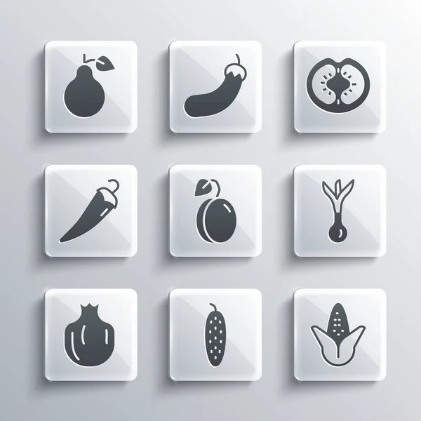 Set Cucumber, Corn, Onion, Plum fruit, Pomegranate, Hot chili pepper, Pear and Tomato icon. Vector — Stockvektor