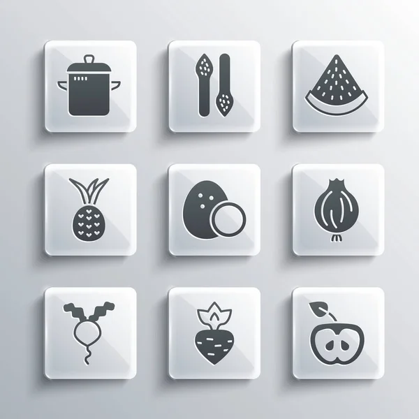 Set Turnip, Apple, Garlic, Coconut, Radish, Pineapple, Cooking pot and Watermelon icon. Vector — Vetor de Stock