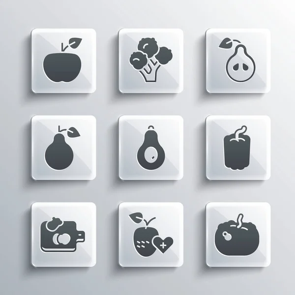 Set Healthy fruit, Pumpkin, Bell pepper, Avocado, Cutting board with vegetables, Pear, Apple and icon. Vector — Stockvektor