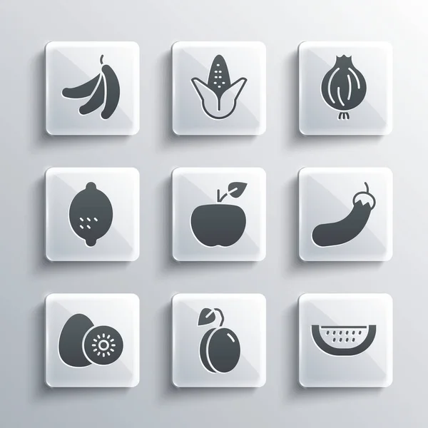 Set Plum fruit, Watermelon, Eggplant, Apple, Kiwi, Lemon, Banana and Garlic icon. Vector — Archivo Imágenes Vectoriales