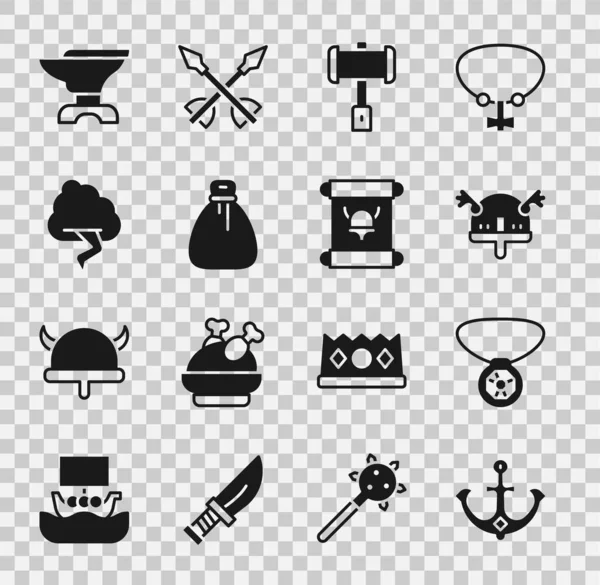 Set Anchor, Necklace with gem, Viking in horned helmet, Battle hammer, Old money bag, Cloud and lightning, Anvil for blacksmithing and Decree, parchment, scroll icon. Vector — Stockvektor