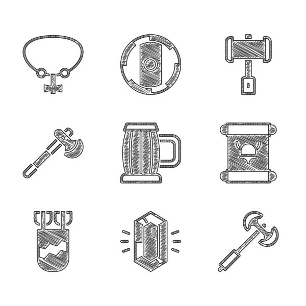 Set Wooden beer mug, Gem stone, Medieval poleaxe, Decree, parchment, scroll, Quiver with arrows, Battle hammer and Necklace gem icon. Vector — Stock Vector