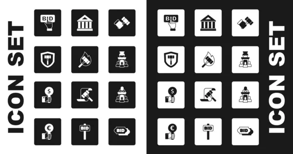 Set Auction hammer, Bid, ancient vase, Museum building, auctioneer sells and Hand holding paddle icon. Vector — стоковый вектор