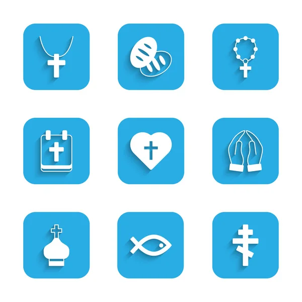 Set Christian cross in heart, fish symbol, Hands praying position, church tower, Calendar with Easter, Rosary beads religion and chain icon. Vector — Image vectorielle