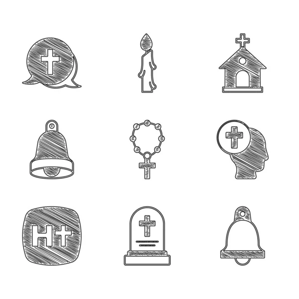 Set Rosary beads religion, Grave with tombstone, Church bell, Priest, Christian cross, building and icon. Vector — Stockvektor