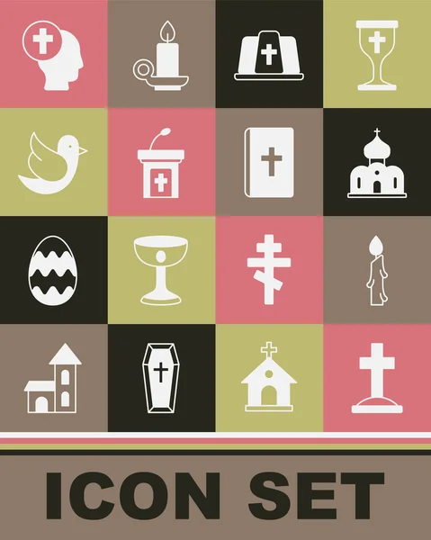Set Grave with cross, Burning candle, Church building, Pope hat, sermon tribune, Dove, Priest and Holy bible book icon. Vector — Image vectorielle