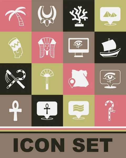 Set Crook, Eye of Horus, Egyptian ship, Coral, pharaoh, Nefertiti, Tropical palm tree and on monitor icon. Vector — Διανυσματικό Αρχείο