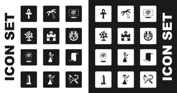 Set Eye of Horus, Egyptian house, Coral, Cross ankh, pharaoh, Tropical palm tree, Papyrus scroll and icon. Vector — Vettoriale Stock