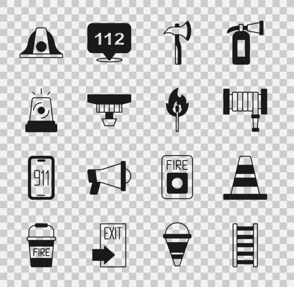 Set Fire escape, Traffic cone, hose reel, Firefighter axe, Smoke alarm system, Flasher siren, helmet and Burning match with fire icon. Vector — Vector de stock