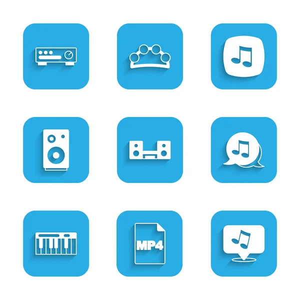 Set Home stereo with two speakers, MP4 file document, Music note, tone, synthesizer, Stereo, and Sound mixer controller icon. Vector — Vetor de Stock