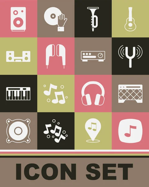 Set Music note, tone, Guitar amplifier, Musical tuning fork, Trumpet, Air headphones, Home stereo with two speakers, Stereo and Sound mixer controller icon. Vector — Image vectorielle