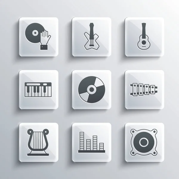 Set Music equalizer, Stereo speaker, Xylophone, Vinyl disk, Ancient Greek lyre, synthesizer, DJ playing music and Guitar icon. Vector — Stockvector